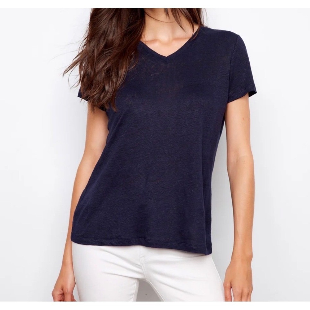 Charlie B Women's Navy Blue 100% Linen V-Neck Short Sleeve Top Size Large